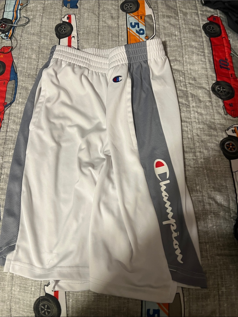 Champion White and Gray Boys' Athletic Shorts with Script Logo